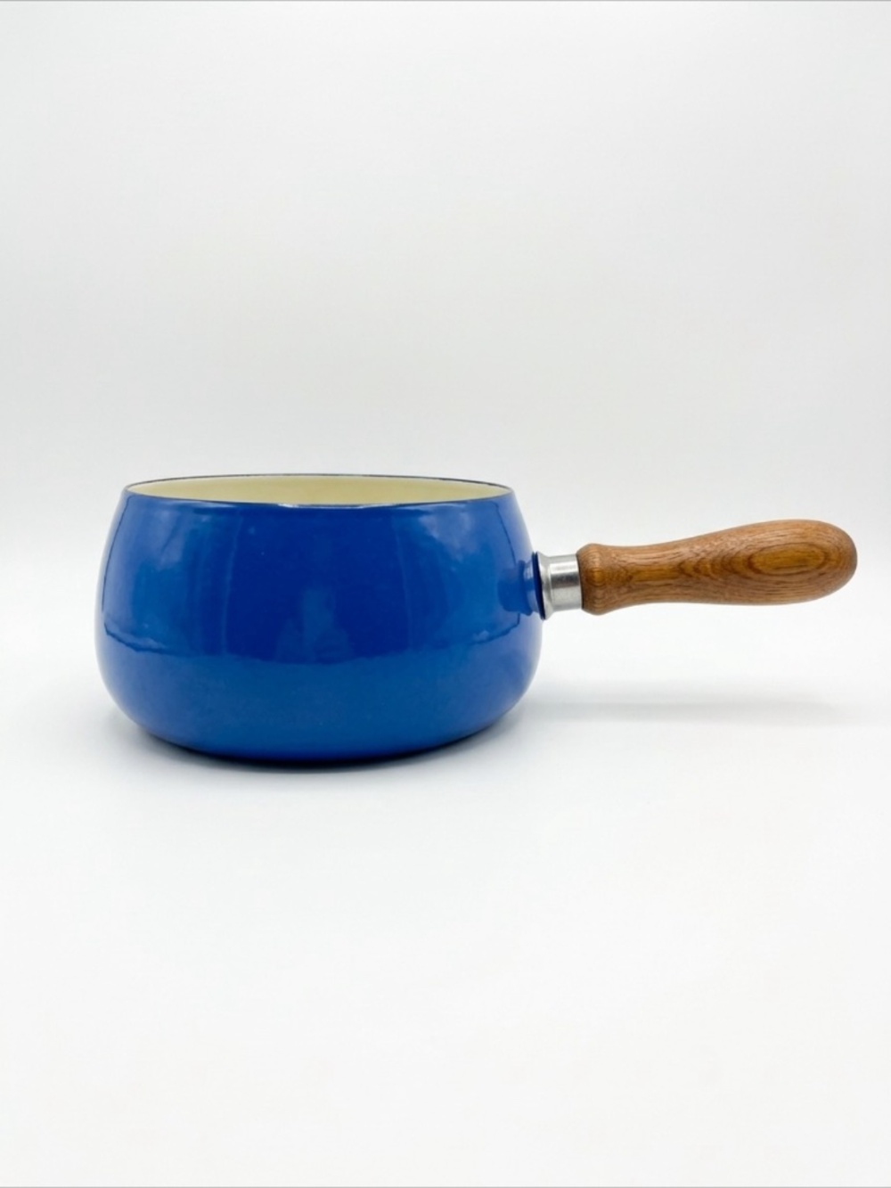 70s MCM Vintage Blue Enameled Cast Iron Fondue Pot Sauce Wood Handle